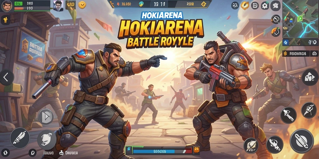 Screenshot HOKIARENA menampilkan pertarungan seru dalam mode Battle Royale.