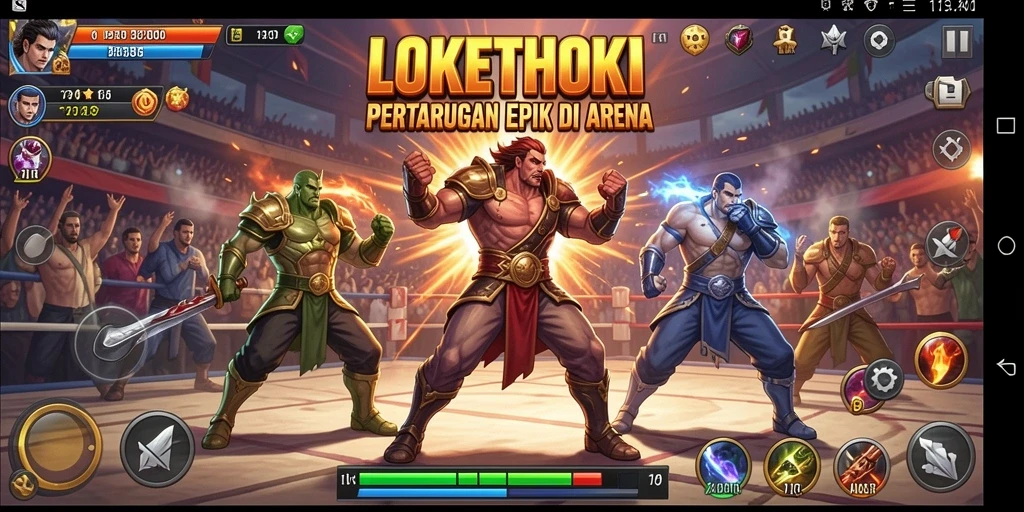 Tangkapan layar gameplay LOKETHOKI menampilkan pertarungan seru antar karakter.