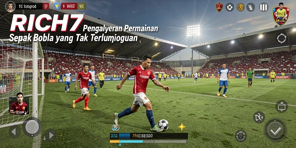 Screenshot gameplay RICH7 yang menampilkan aksi sepak bola yang seru.