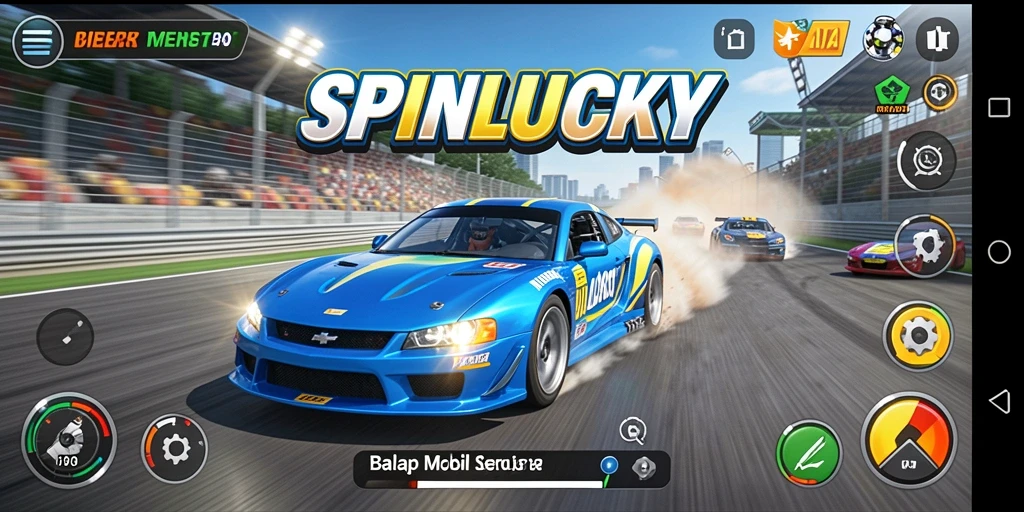 Tampilan aksi balap seru dalam SPINLUCKY dengan mobil yang melaju cepat.