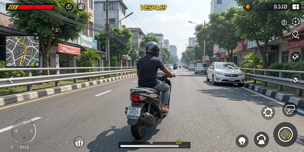 Screenshot gameplay VESPA69 menampilkan keseruan berkendara skuter.